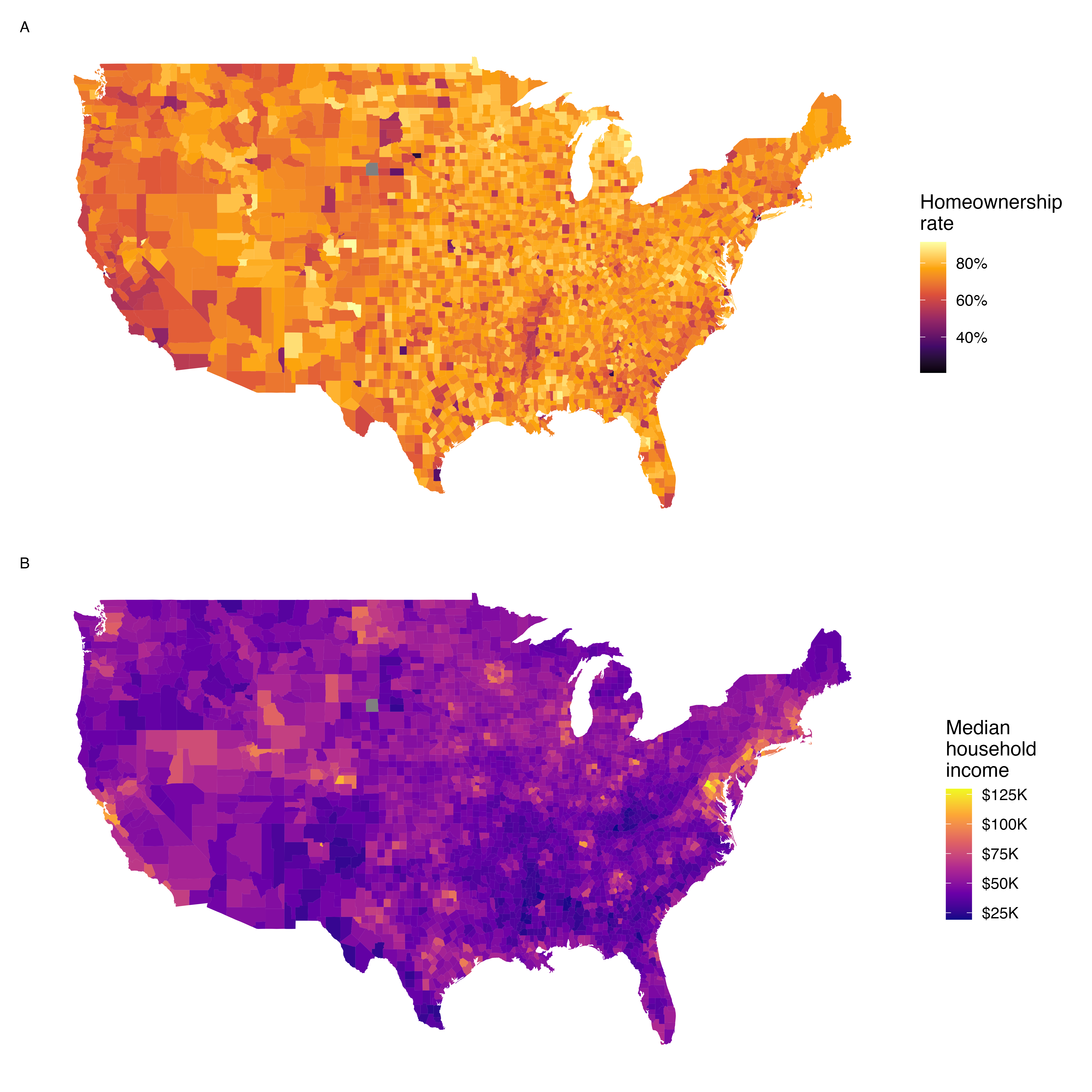Plot A: Intensity map of homeownership rate (percent). Plot B: Intensity map of median household income (in thousands of USD).